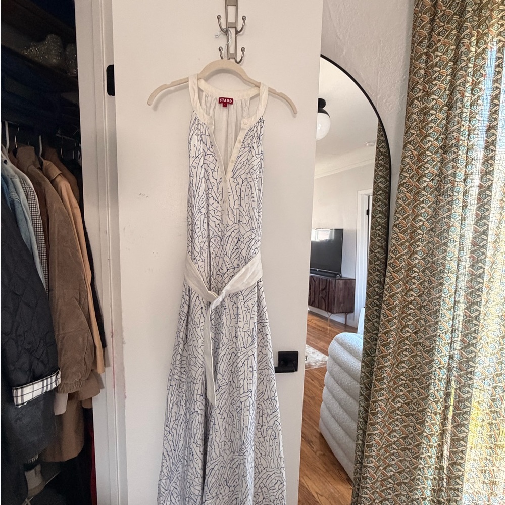STAUD White and Blue Maxi Dress